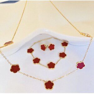 18k Gold Plated RED Clover Necklace SET flower Stainless Steel womens jewelry
